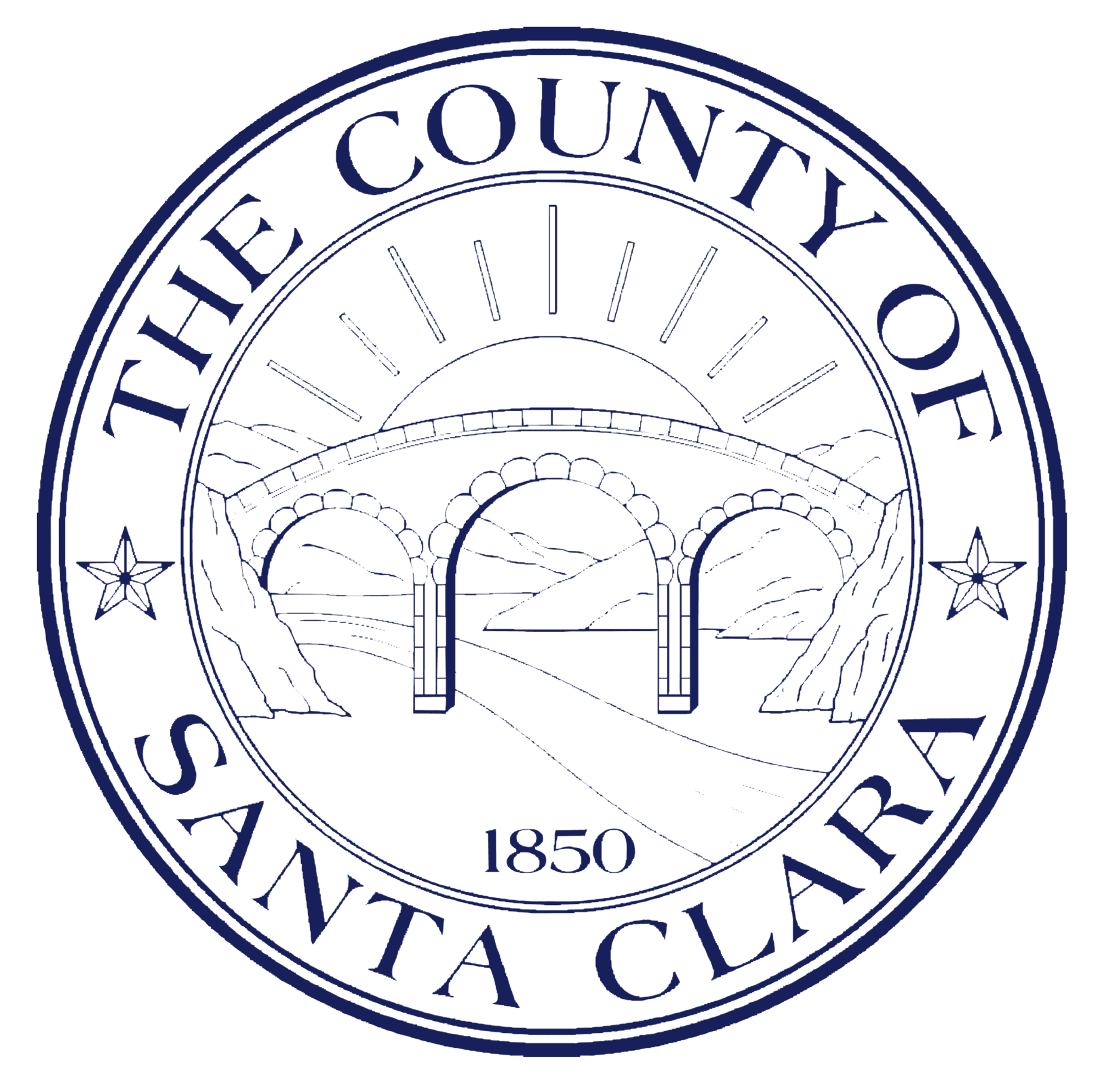 The seal of Santa Clara County features a stylized bridge with three arches against a mountain backdrop, encircled by the text "The County of Santa Clara 1850" with decorative stars.