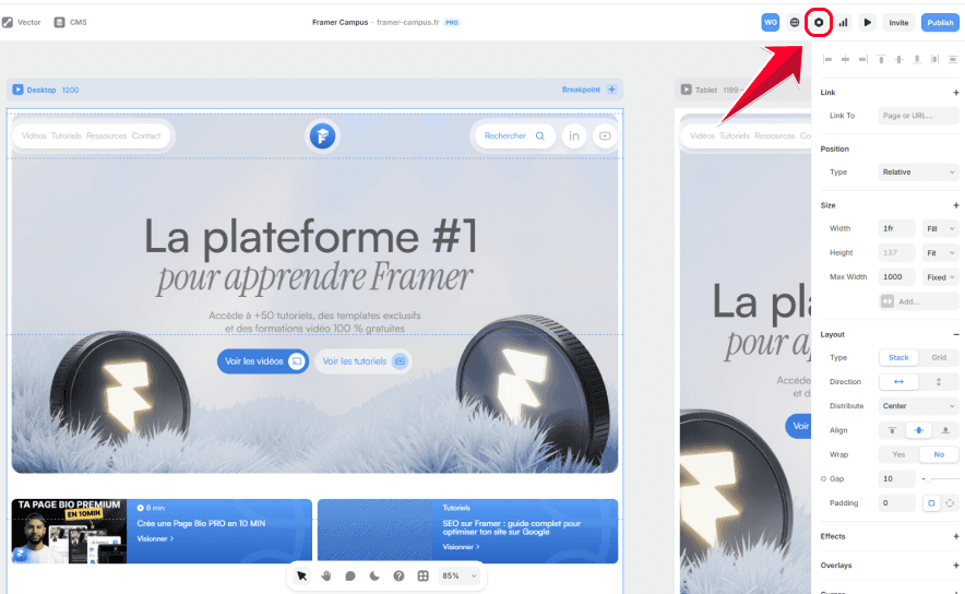 Interface de l’éditeur Framer montrant l’accès aux paramètres du site pour configurer le SEO