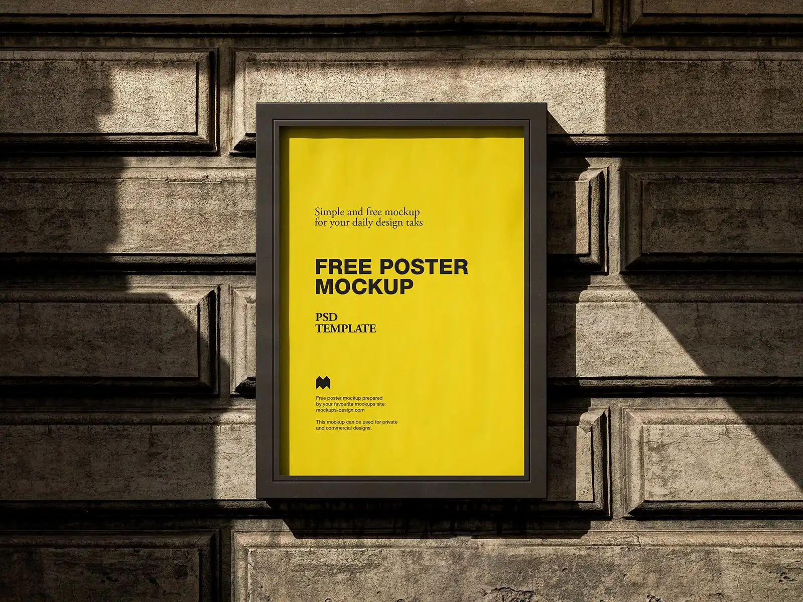 Framed yellow poster mockup displayed on a textured, weathered stone wall. The bold black text contrasts sharply, while dramatic sunlight and shadows create depth and highlight architectural details.