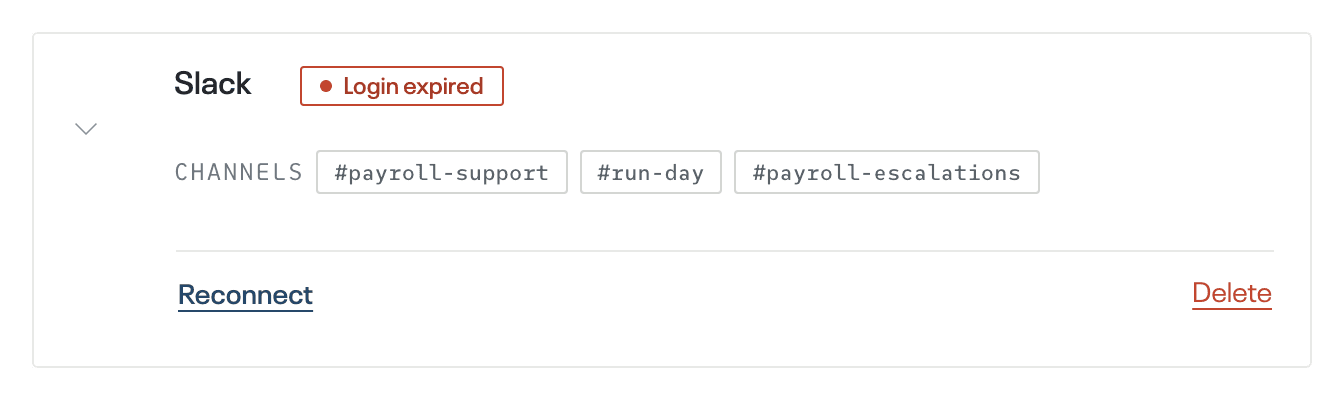 Sources, demo account · a Slack row open and marked Login expired, with Reconnect among its actions