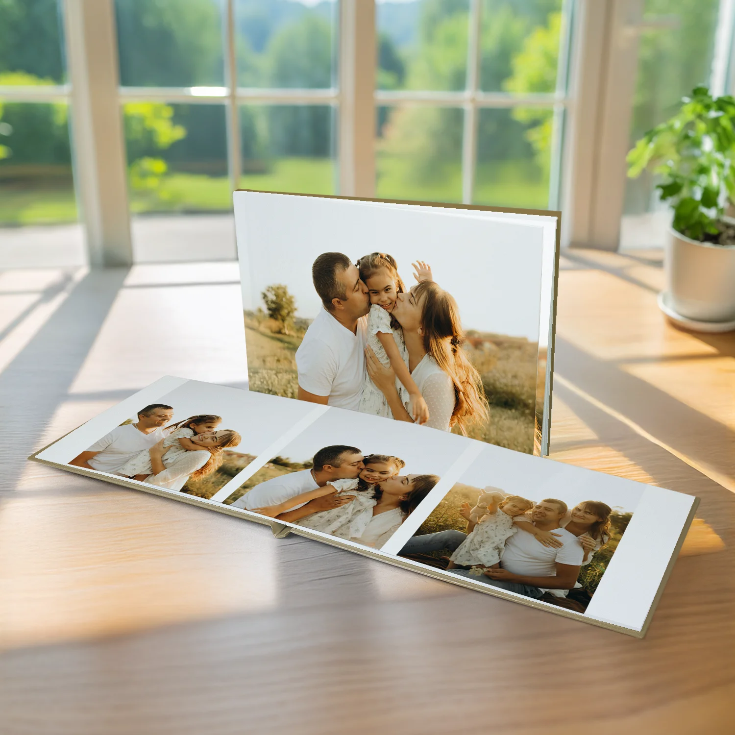 Fotolivro de capa dura no tamanho 20x20cm aberto e fechado em loop.