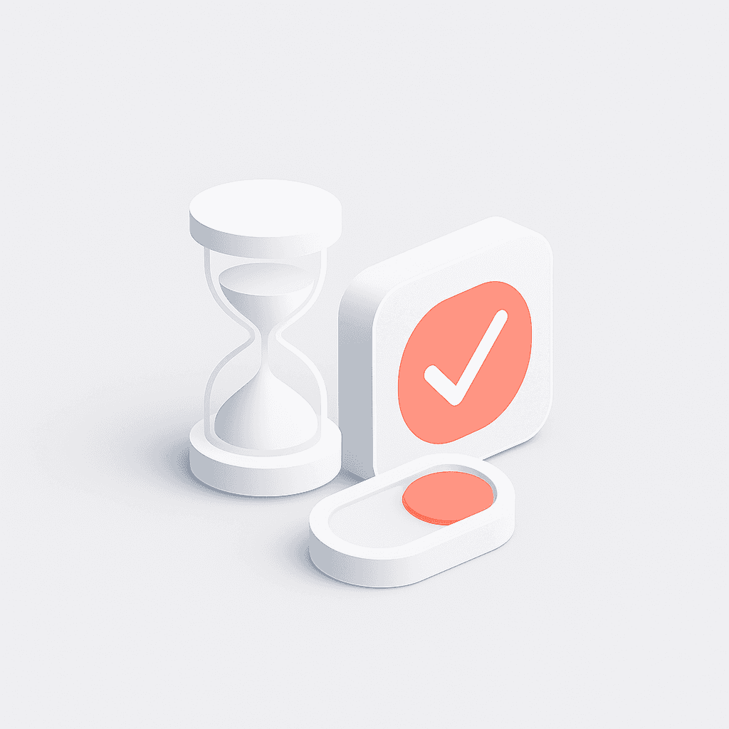 3D illustration of hourglass and approval icon representing pre-approved biotech launch readiness.