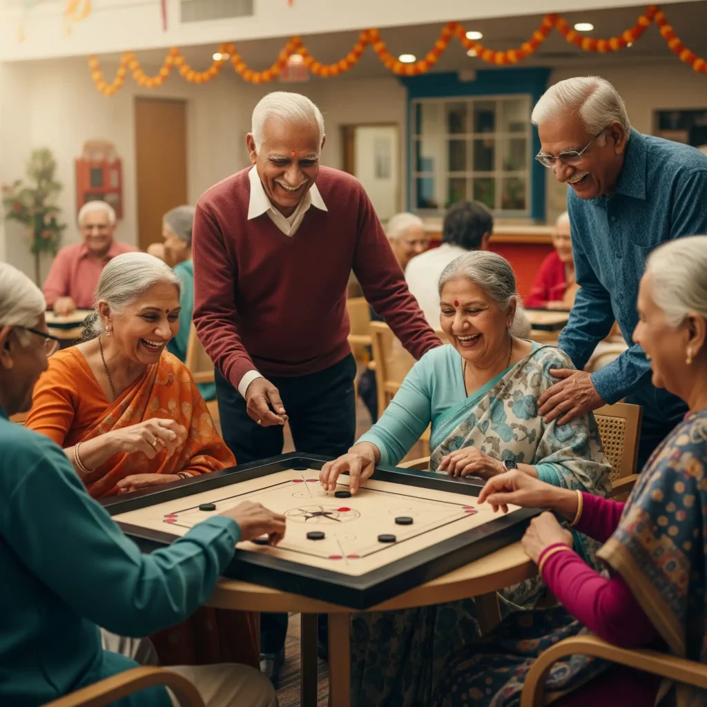 group of elders enjoying carrom