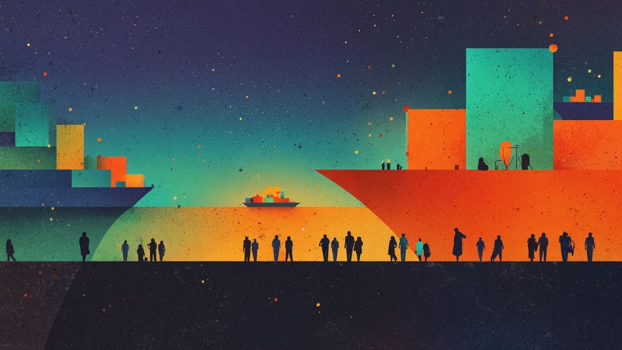 Colorful illustration of cargo ships with containers and people silhouetted at a port