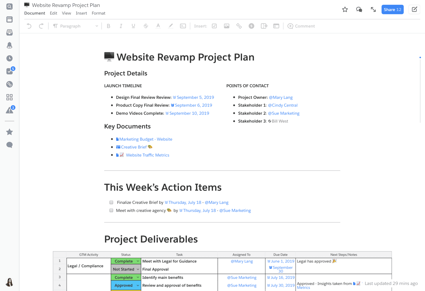 A screenshot of a project plan in Quip