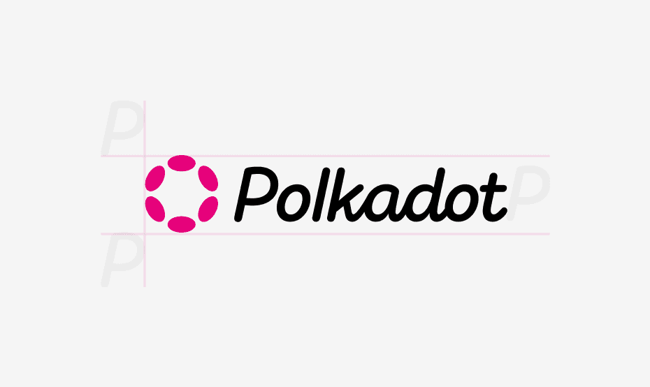 A technical branding diagram showing the horizontal Polkadot logo construction. The image illustrates the precise spacing and alignment rules using "P" unit guides to define the clear space around the pink circle-pendant icon and the black "Polkadot" wordmark.