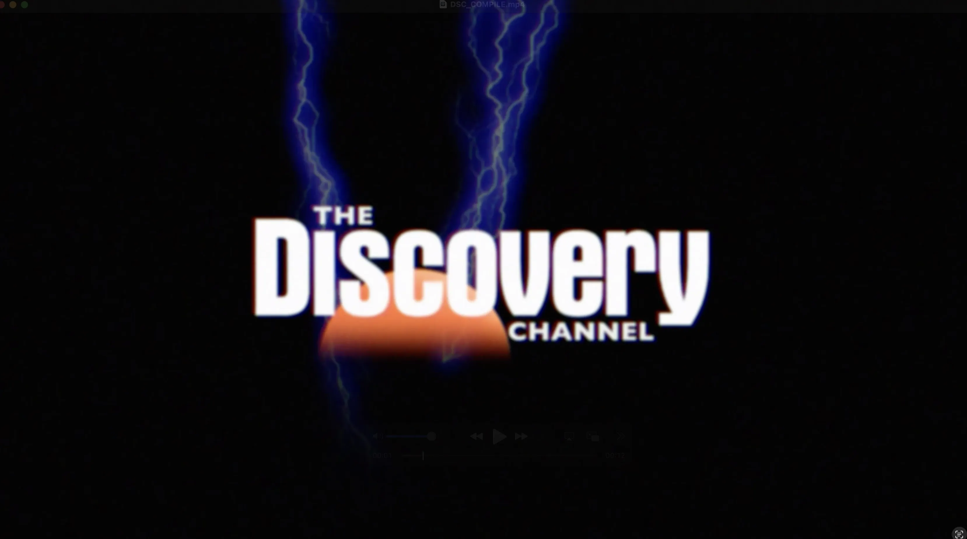 Discovery Channel logo on a black background. Lightning strikes behind a bright orange glowing horizon shape beneath the wordmark.