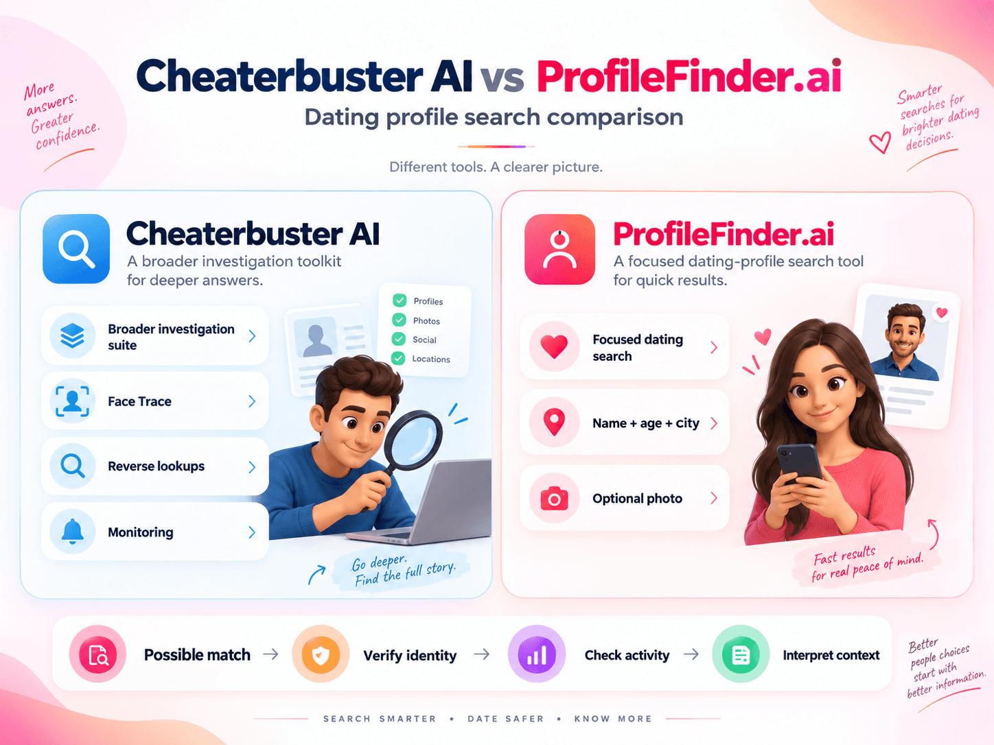 Cheaterbuster AI vs ProfileFinder dating profile search comparison