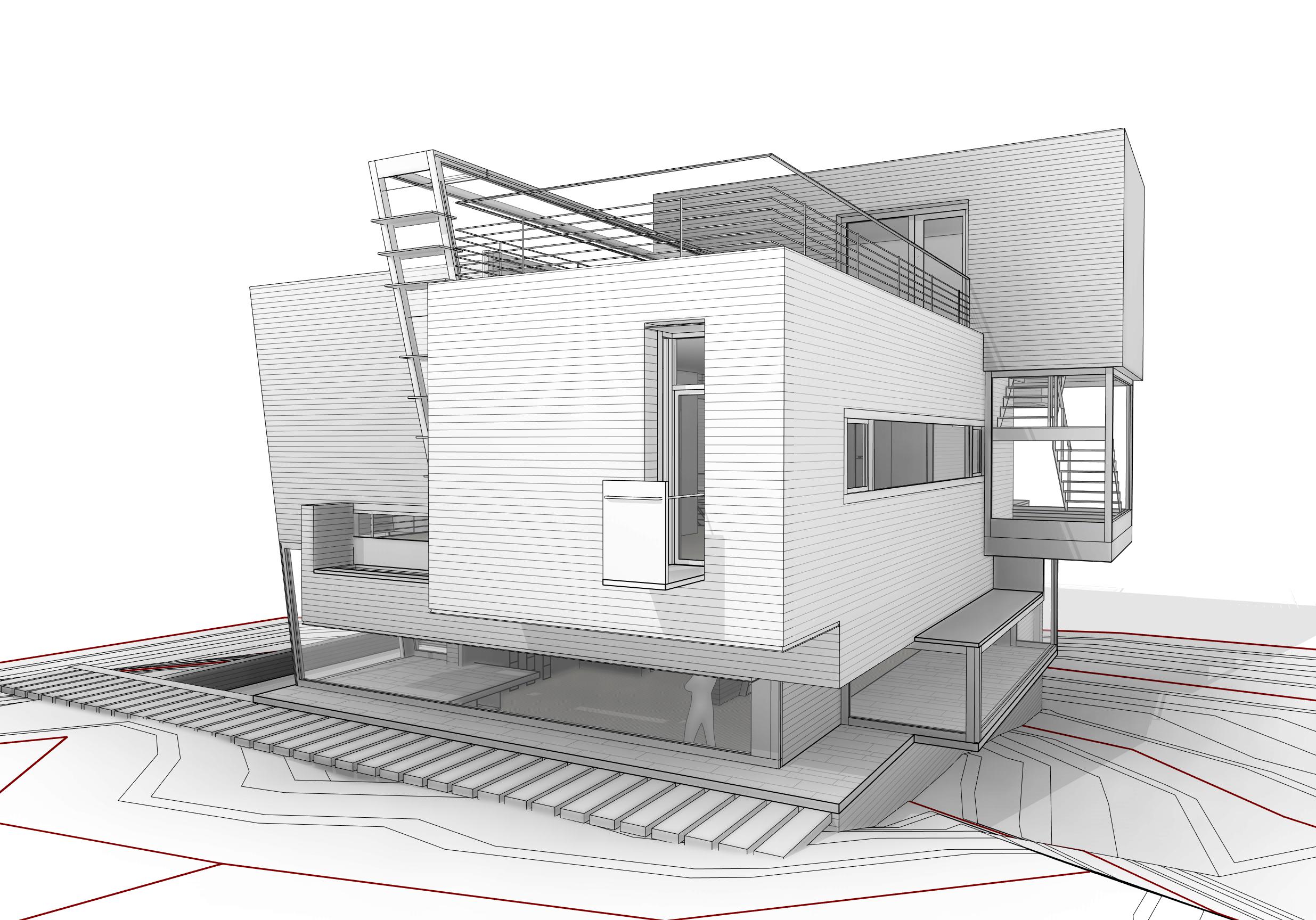 Modern two-story concrete house with cantilevered design, large overhangs, and angular geometry, surrounded by trees under a clear sky