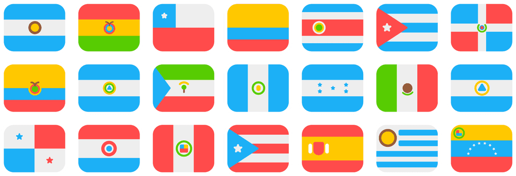 The flags of 20 Spanish-speaking countries (and Puerto Rico), illustrated in the style of Duolingo with simplified shapes and bright colors.