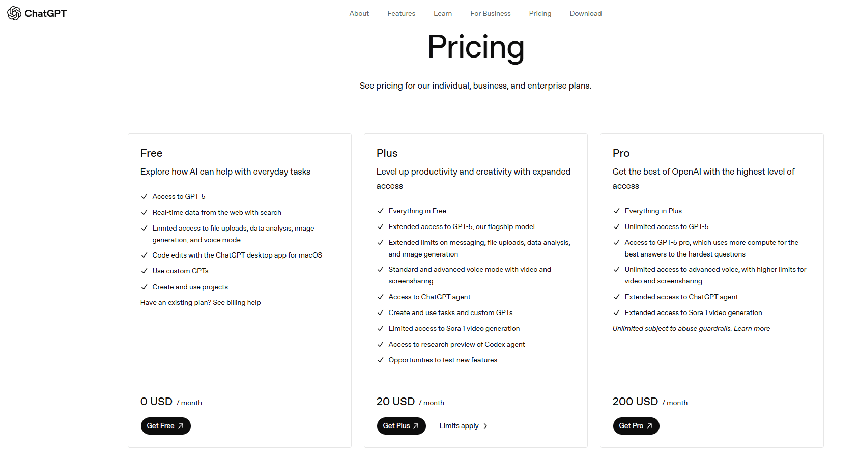 ChatGPT pricing page comparing Free, Plus, and Pro subscription tiers