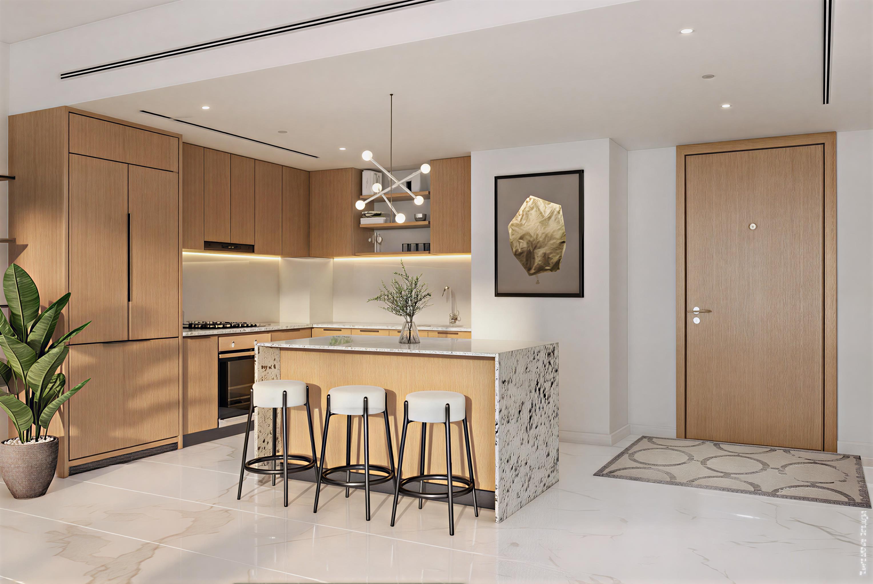 A stylish bedroom with a large window offering a panoramic view of the city, exemplifying the Azizi Lina aesthetic.