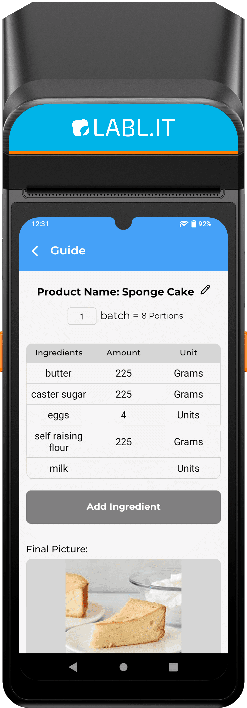 The user interface a Labl.it device when creating customisable prep guides.