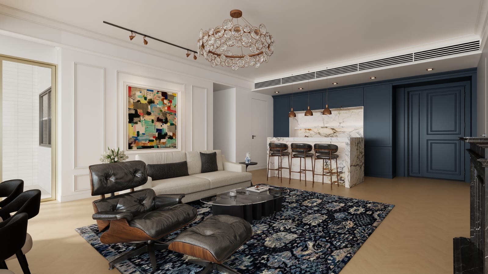 Modern luxury house interior details in Mount Pavilia with a textured area rug, dark leather seating, and abstract wall art for a curated look.