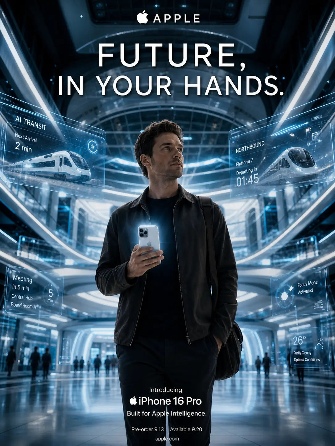 AI-generated Apple campaign poster featuring a confident man holding a smartphone inside a sleek futuristic interior, highlighting innovation and control.