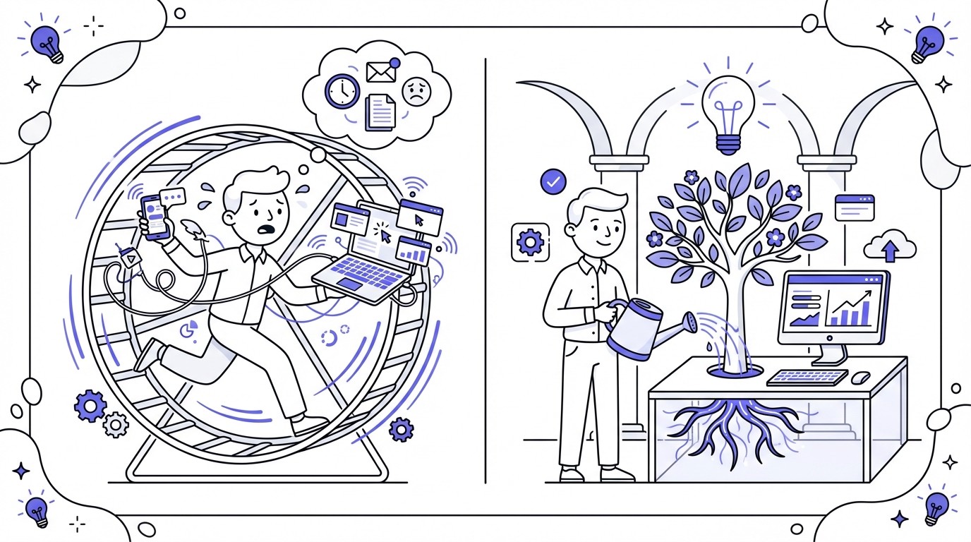 An illustration comparing the 'content treadmill'—a person running on a hamster wheel—to a 'content system'—a person nurturing a growing tree.