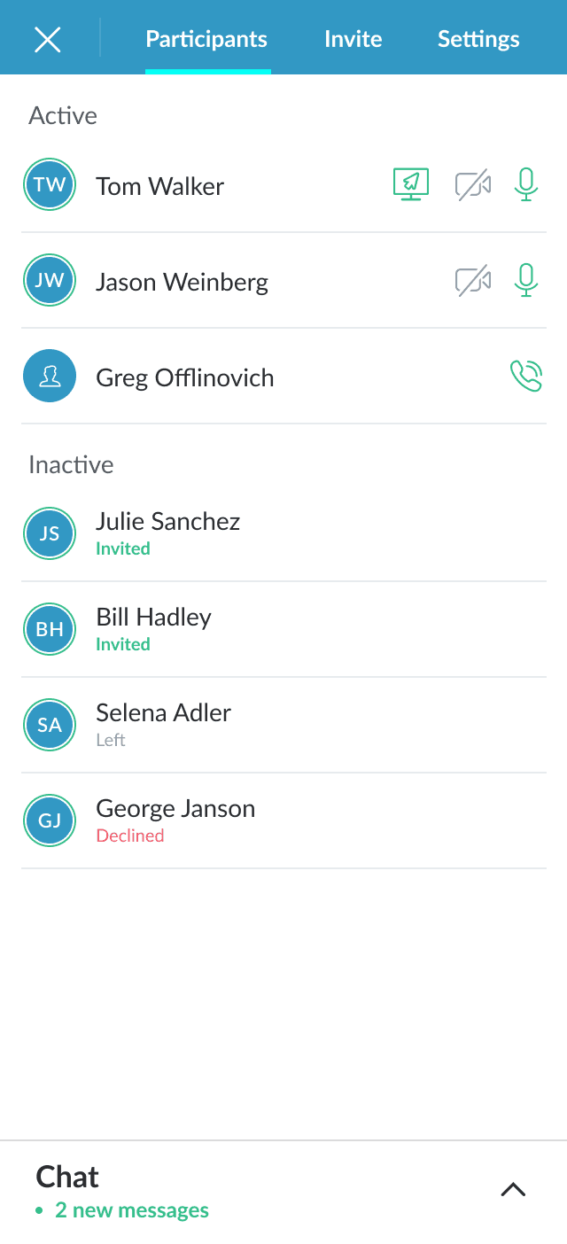 Meetings side navigation before redesign, chat panel