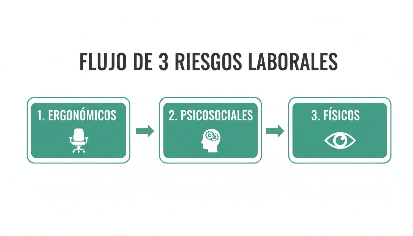 Diagrama de flujo que ilustra los tres riesgos laborales principales: ergonómicos, psicosociales y físicos.