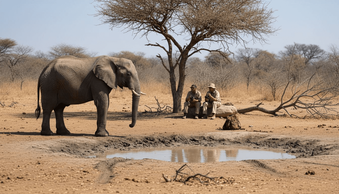 Au cœur de la saison sèche, un éléphant s’approche prudemment d’un point d’eau lors d’un safari, attiré par la rareté de l’eau sous le soleil africain.