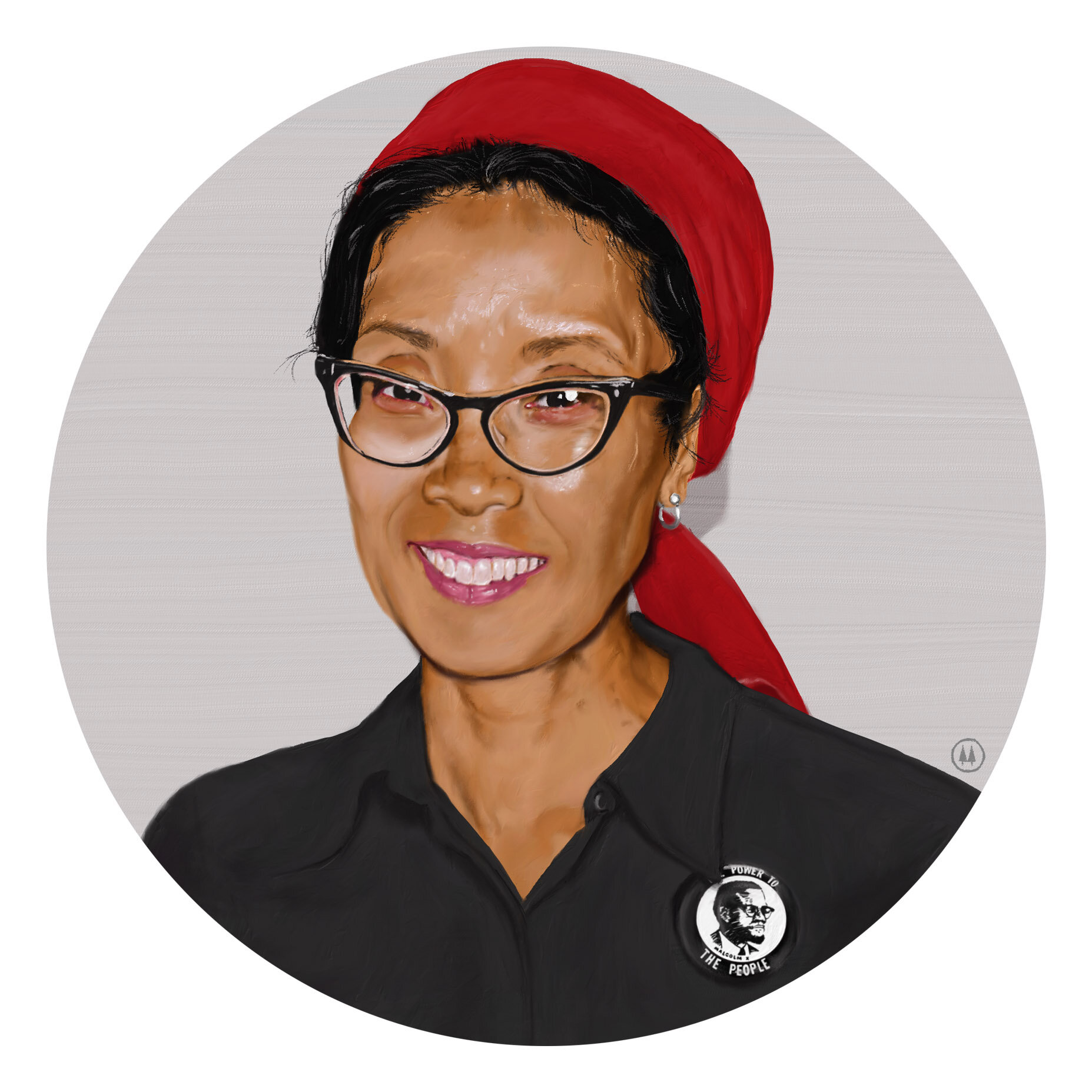 Digital painting of Yuri Kochiyama wearing a pin showing Malcolm X