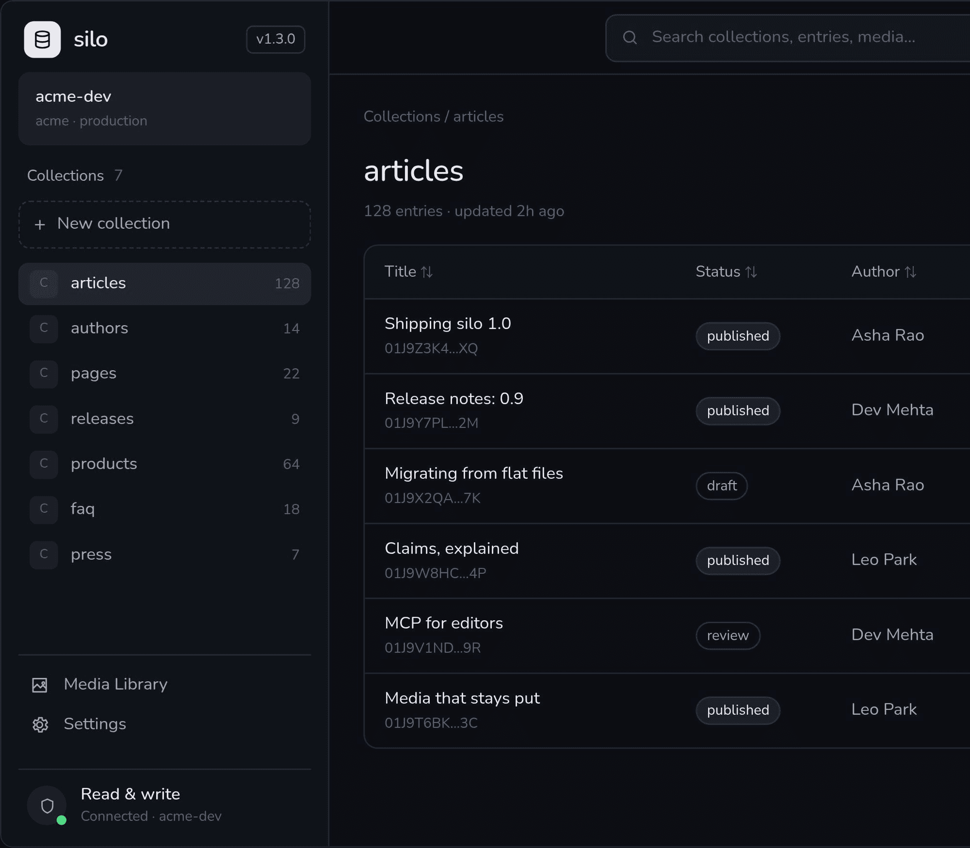 Silo admin showing the articles collection