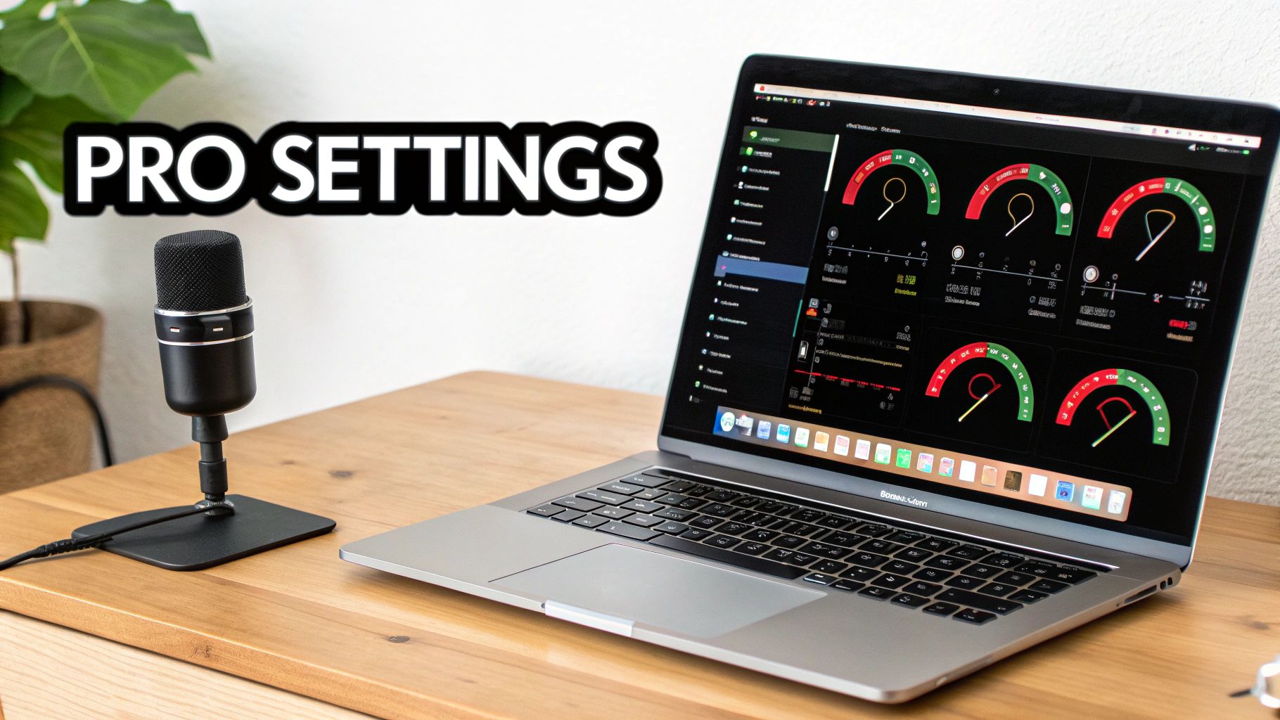 A close-up shot of a professional microphone connected to a MacBook Pro, with audio waveforms visible on the screen.