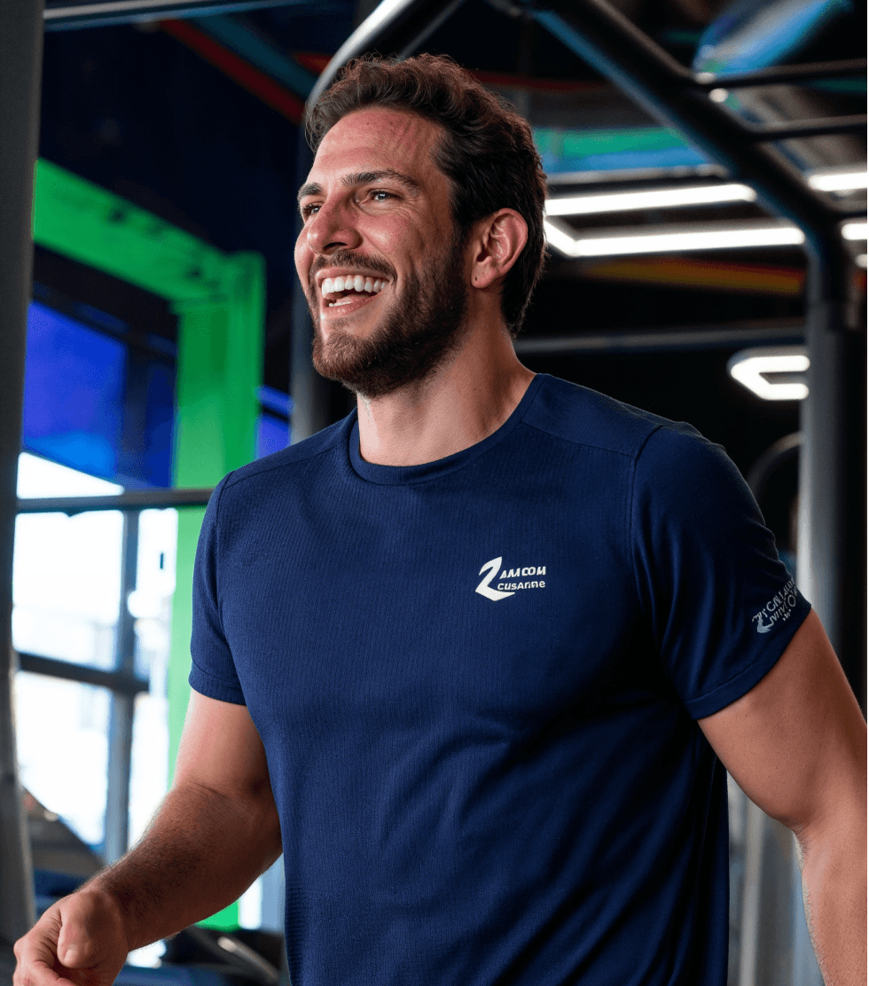 homem com camiseta personalizada com logo da academia