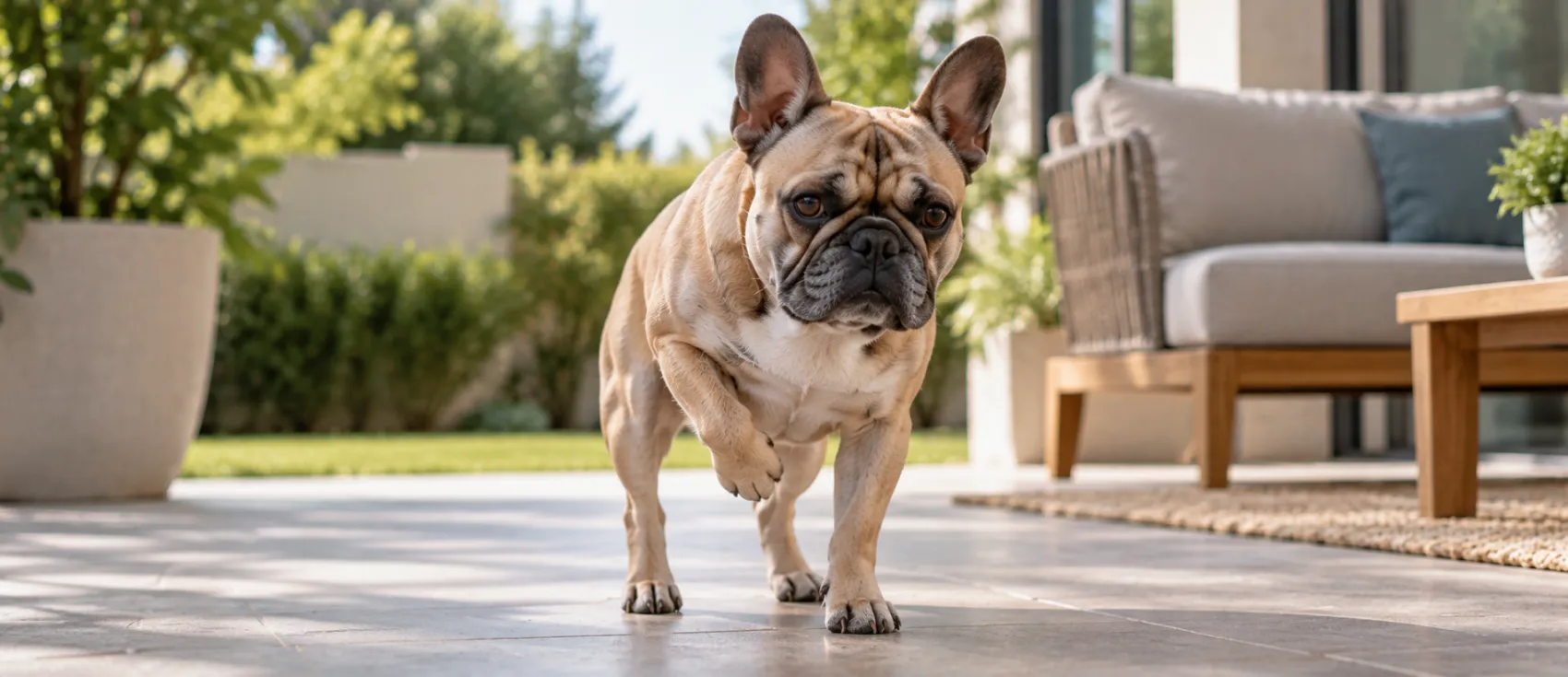 A French Bulldog walks outdoors while favouring one front leg, a sign of lameness.