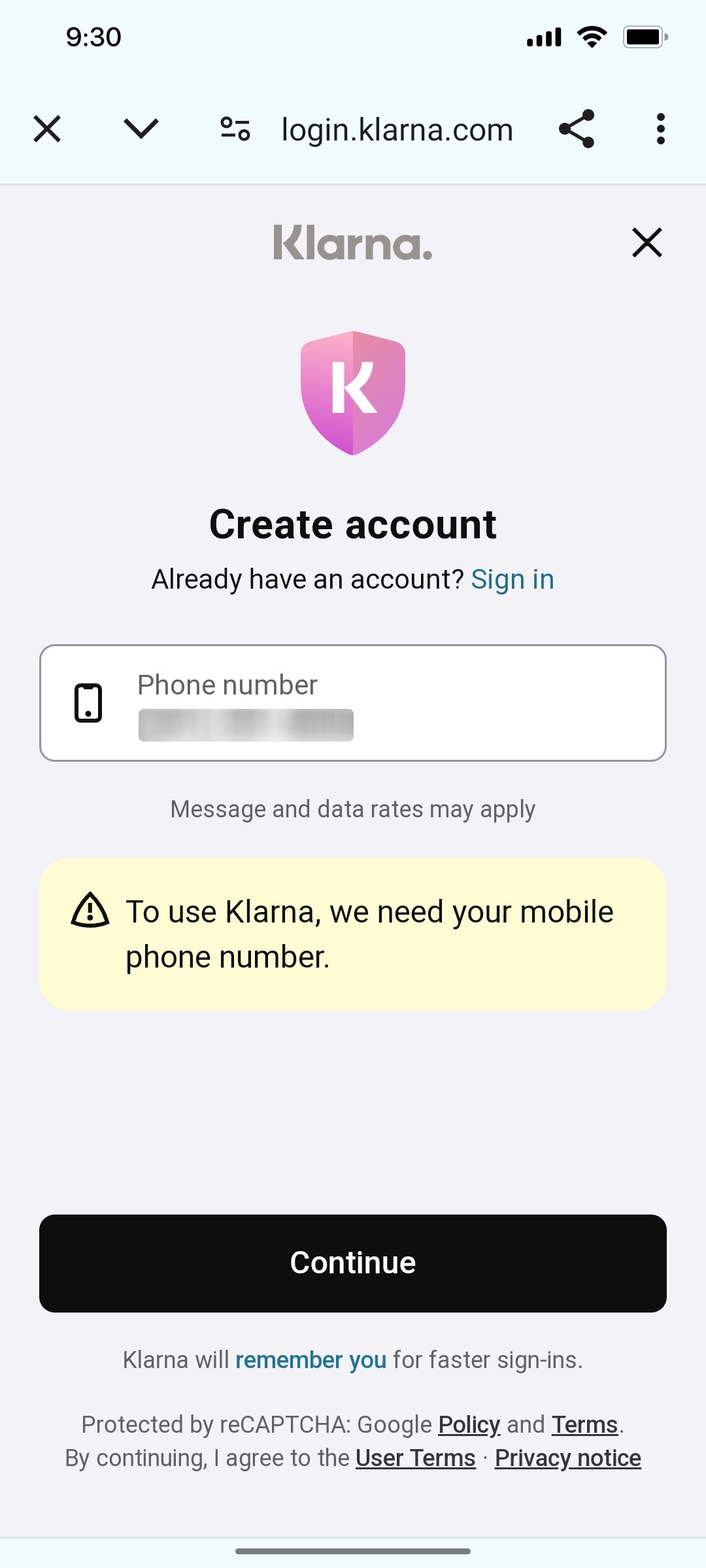 Klarna Enter Mobile Number 2 Screen
