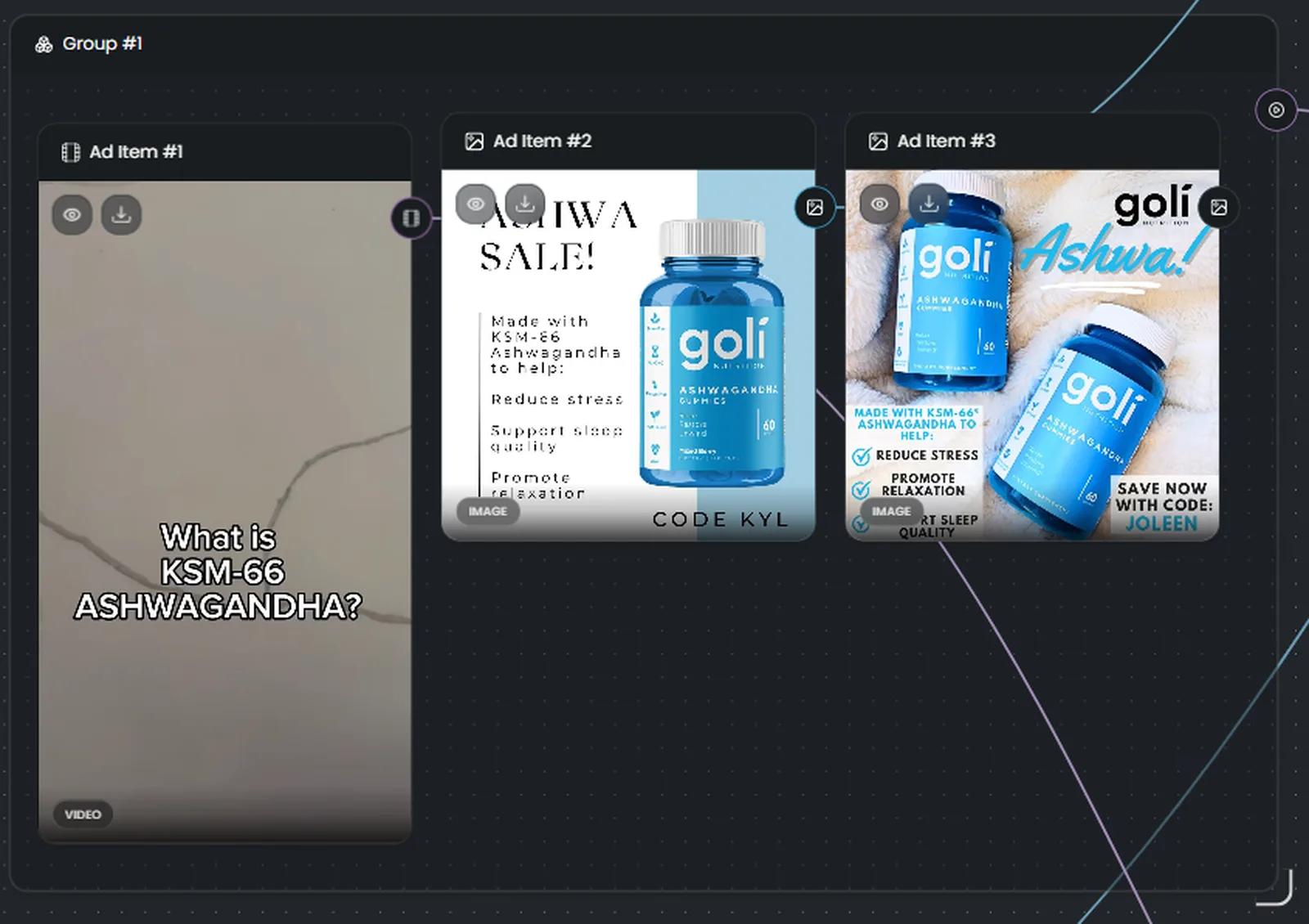 Imported Goli ad creatives grouped on the Maxfusion canvas: a video ad and two static layouts pulled from the Meta Ad Library