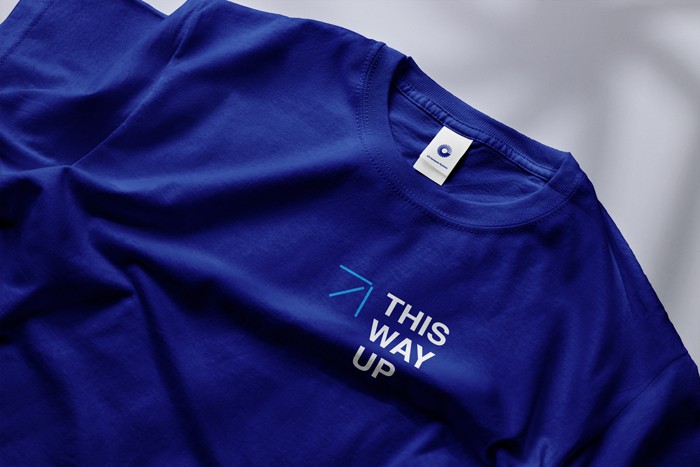 Design example of UTC Aerospace's slogan This Way Up on a blue Tshirt