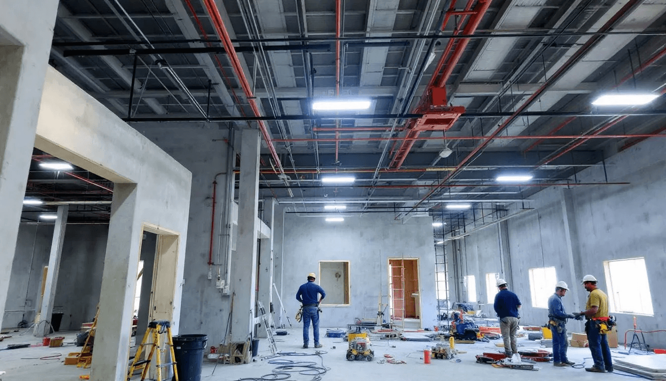 The image depicts a California building under construction, showcasing various electrical installation works, including electrical wiring and equipment setup in accordance with the 2022 California Electrical Code. Workers are seen ensuring compliance with safety regulations, reflecting the standards outlined by the National Electrical Code and California building code.
