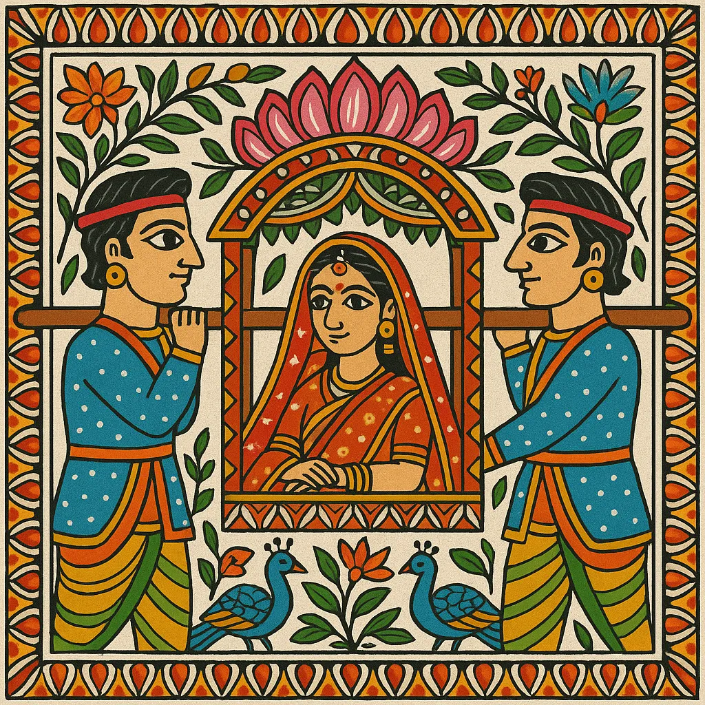 Bride’s farewell, palanquin, and bearers