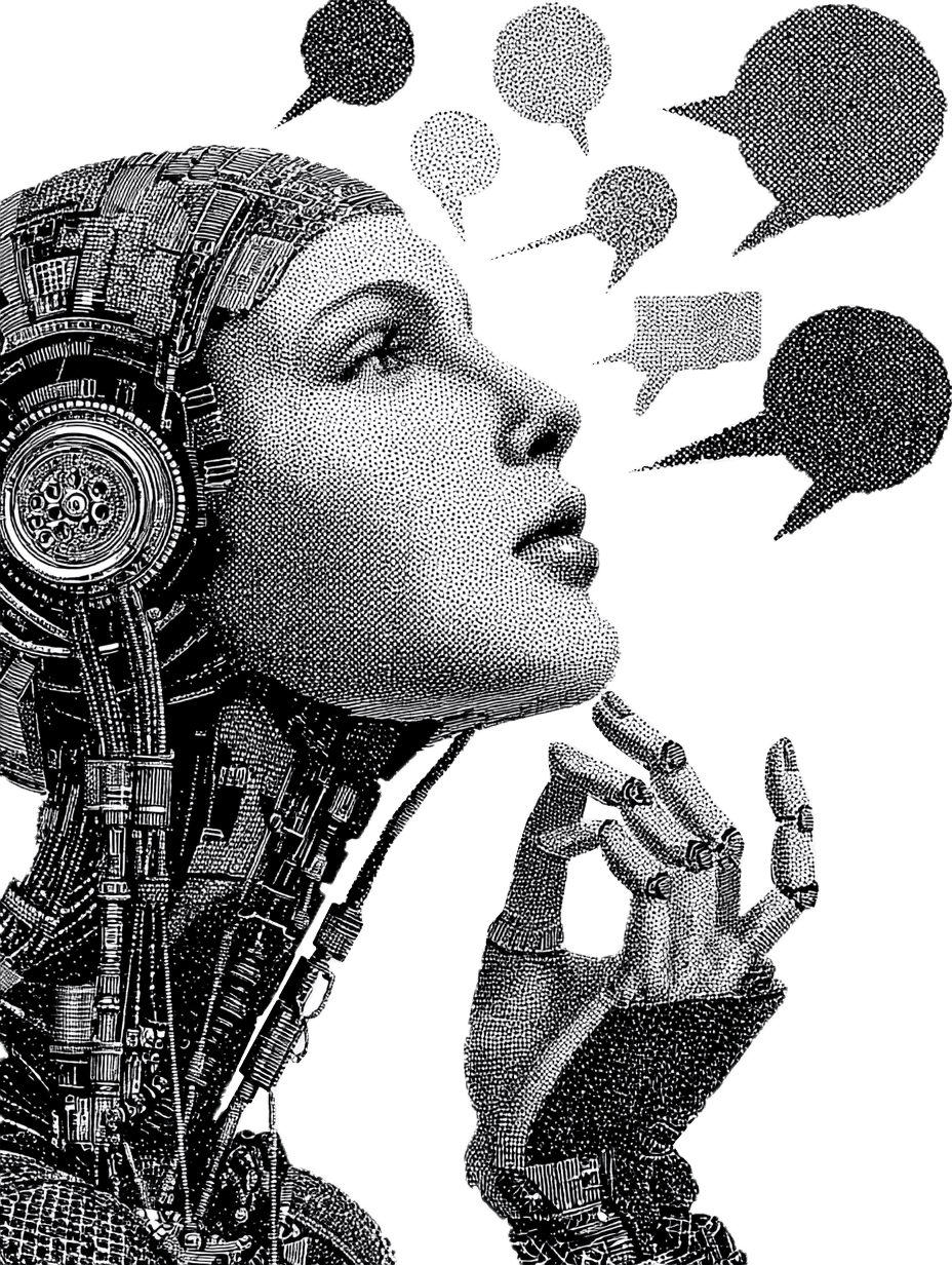 Illustration d'une femme cyborg pensant avec des bulles de texte. Concepts de technologie et de communication.