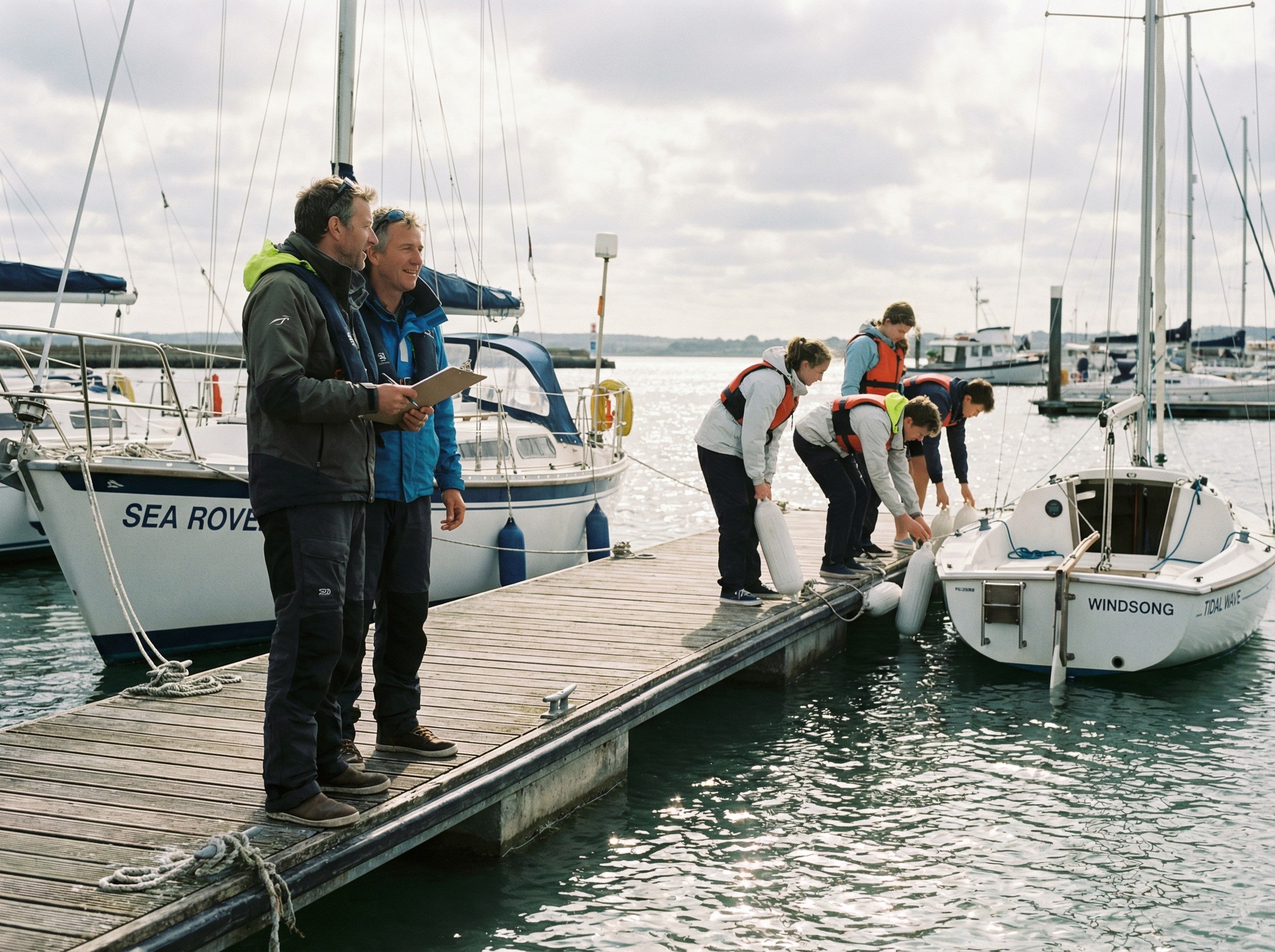 Am langen Holzsteg liegen unterschiedliche Bootstypen mit klar erkennbaren Namensschildern. Zwei Trainer besprechen am Bug eines Kielbootes die Einteilung, während eine andere Gruppe Fender versetzt. Die Sonne bricht durch Wolken und zeichnet spiegelnde Muster auf das Wasser.