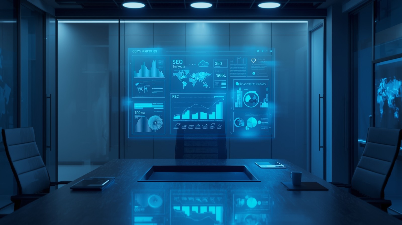 A professional, hyper-realistic digital marketing workspace