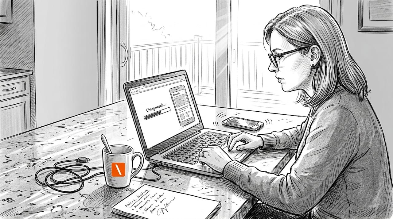 Assise à sa table de cuisine, une femme se concentre sur l’optimisation de son site internet.