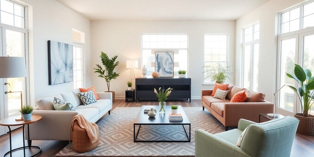 Modern living room with bright colors and natural light.