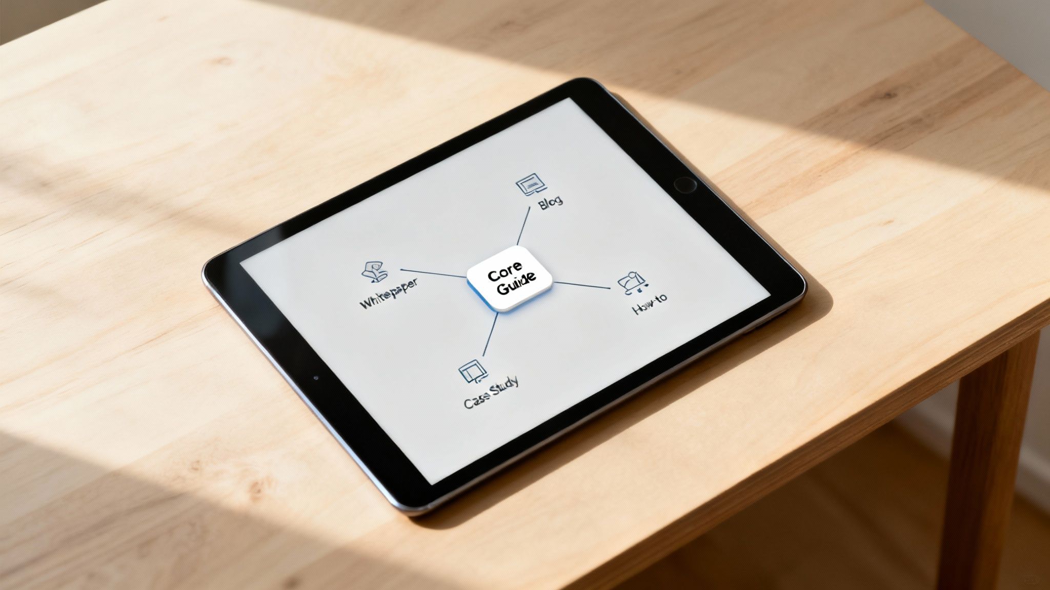 A digital illustration of a content strategy being built with interconnected nodes representing blogs, articles, and SEO keywords.