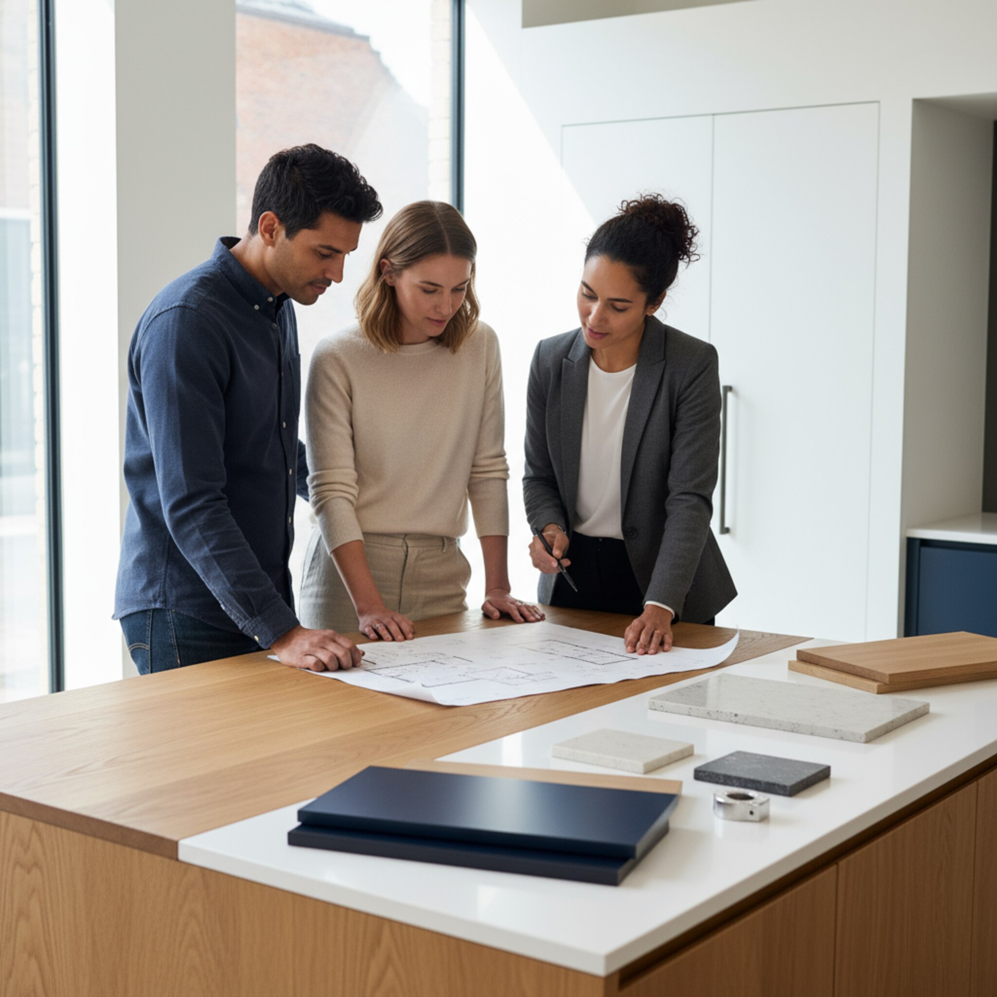 Ein Paar breitet einen Grundriss auf einer großen Holzplatte im Showroom aus. Daneben liegen Frontmuster, Arbeitsplattenstücke und ein Maßband. Eine Beraterin zeigt auf eine Ecke des Plans und erklärt ruhig eine Option. Die Szene ist freundlich, fokussiert und auf die Auswahl gerichtet.