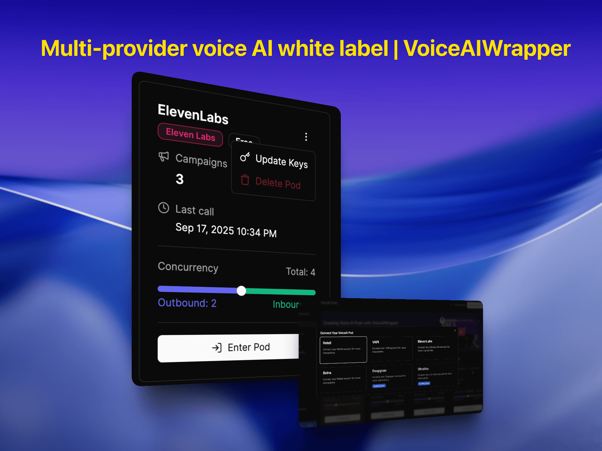 Multi-provider voice AI management showing ElevenLabs integration with call concurrency monitoring, campaign tracking, and pod management interface | VoiceAIWrapper