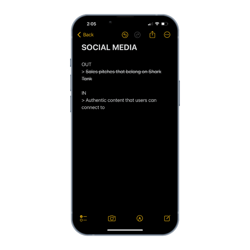 iphone displaying a list of ins and outs of sales pitch content on social media