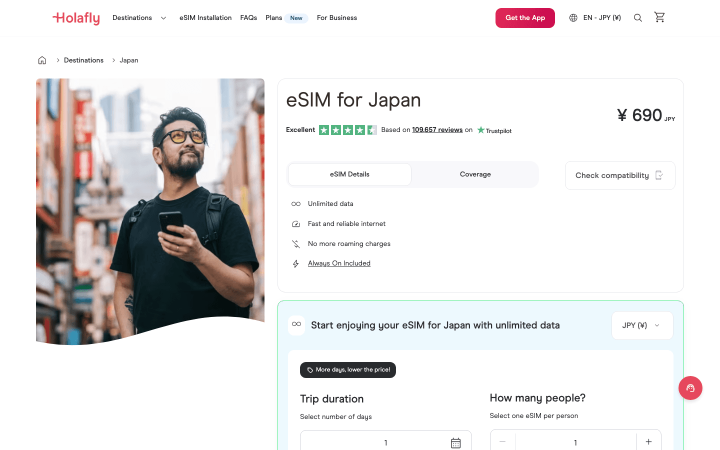 Holafly Japan eSIM page showing unlimited data plans priced by trip duration