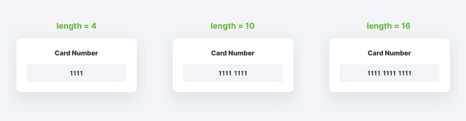 Photo showing examples of the input field inserting spaces after the character length reaches 4, 10, and 16.
