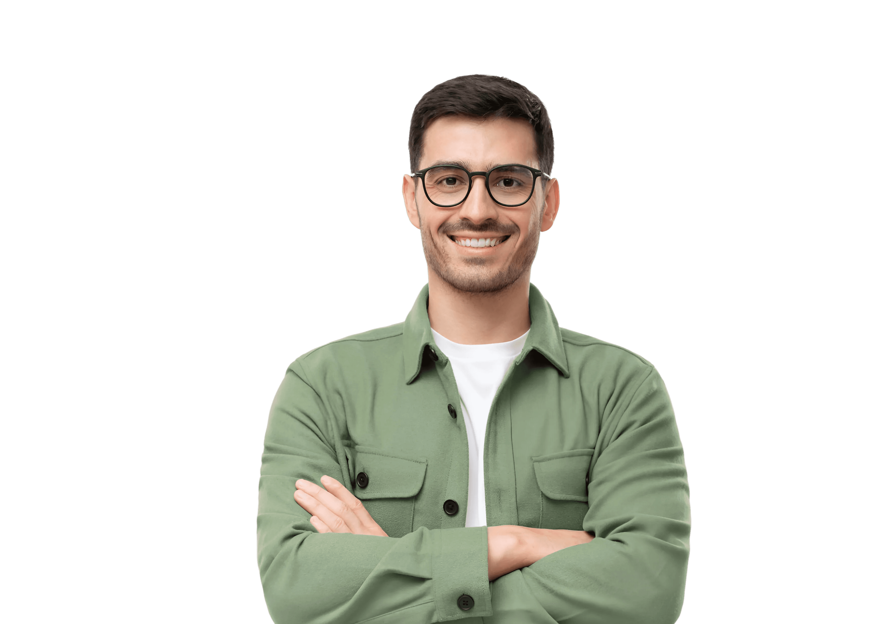 Smiling man with glasses, arms crossed, green shirt.