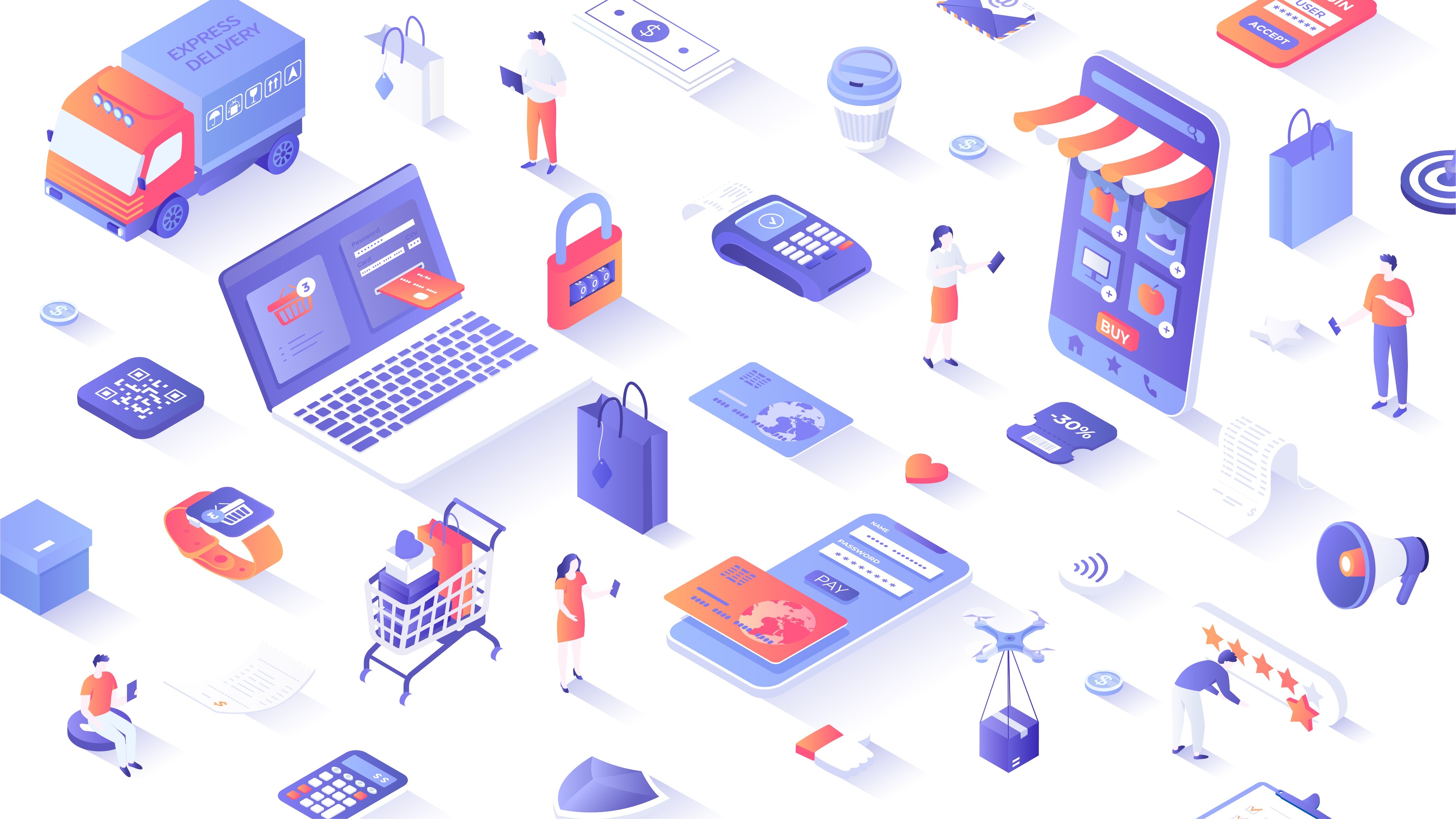 Isometric illustration of e-commerce icons including delivery, mobile shopping, and payments for DTC brands