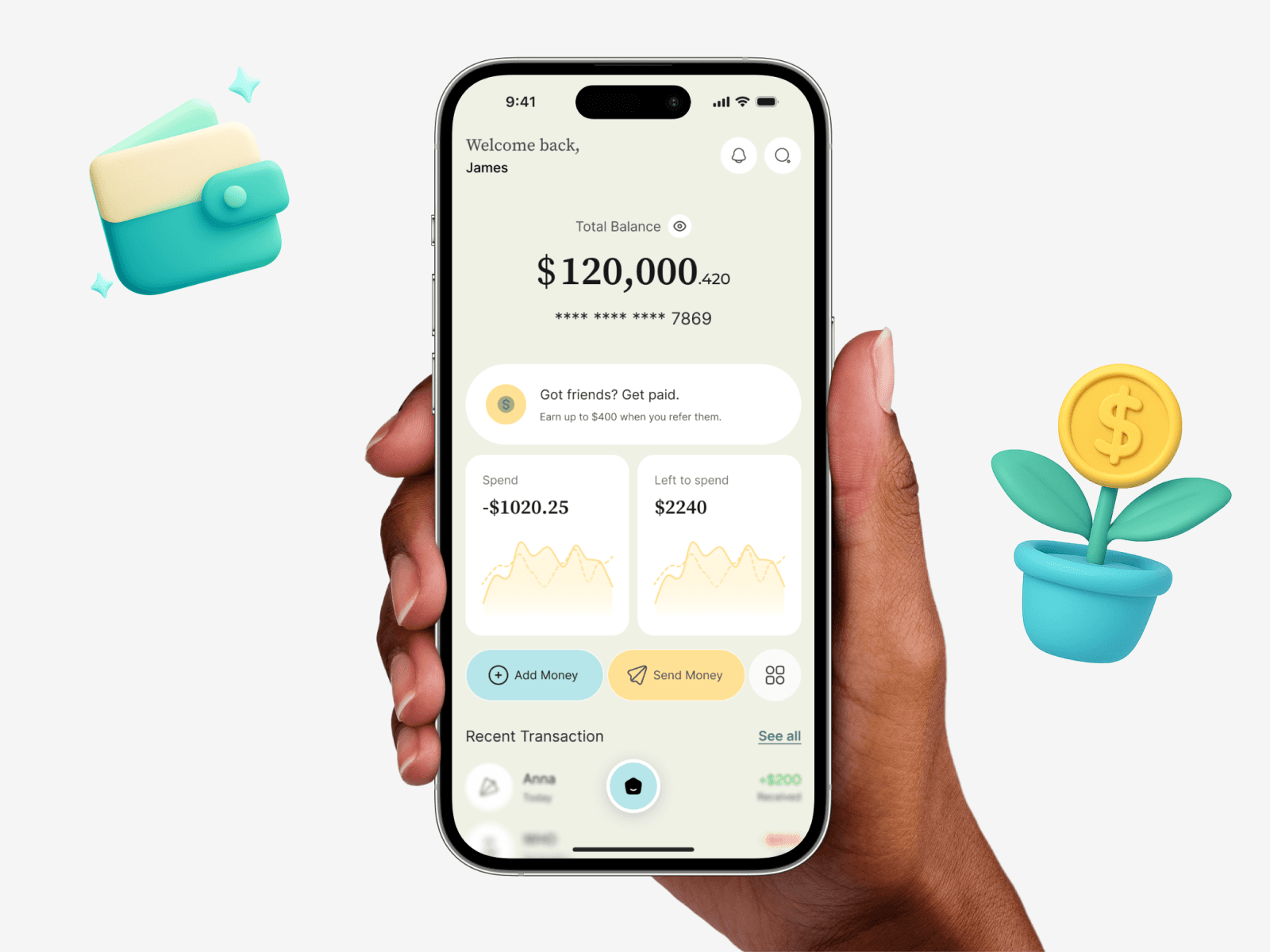 Fonio mobile finance app template showing money management dashboards and clean UI