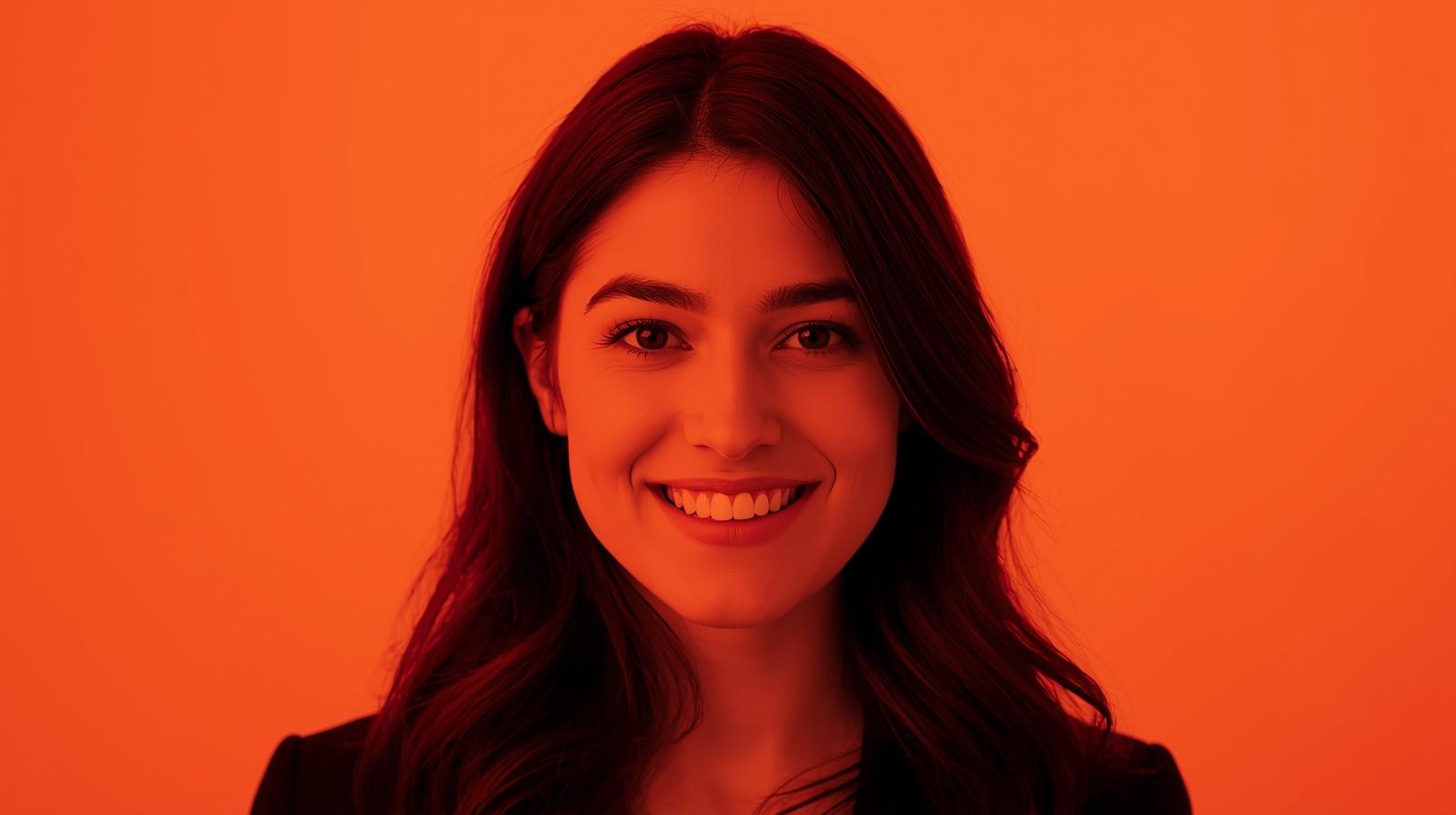 woman in red cardigan smiling