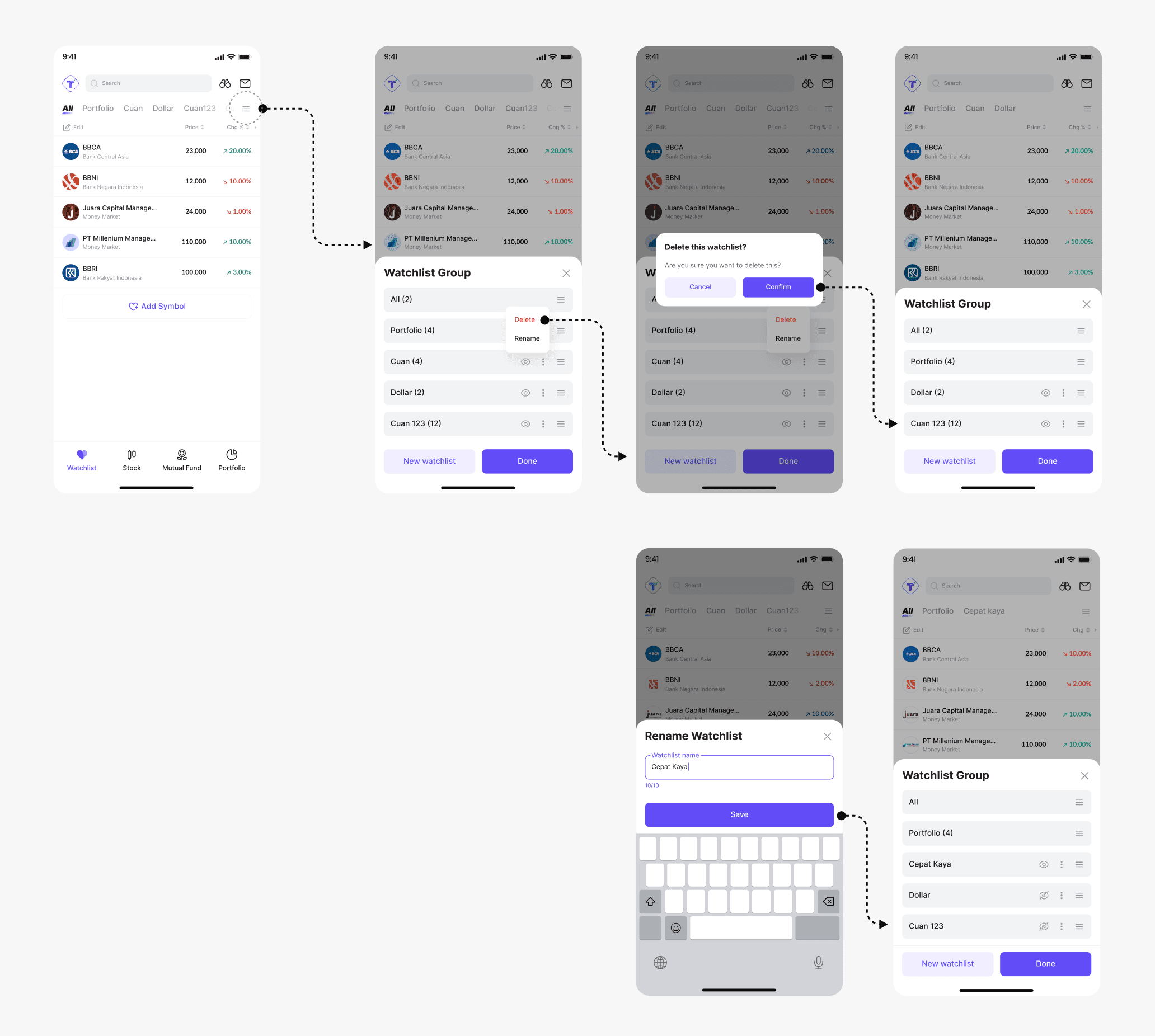 Bottom sheet interface for deleting and renaming Watchlist groups