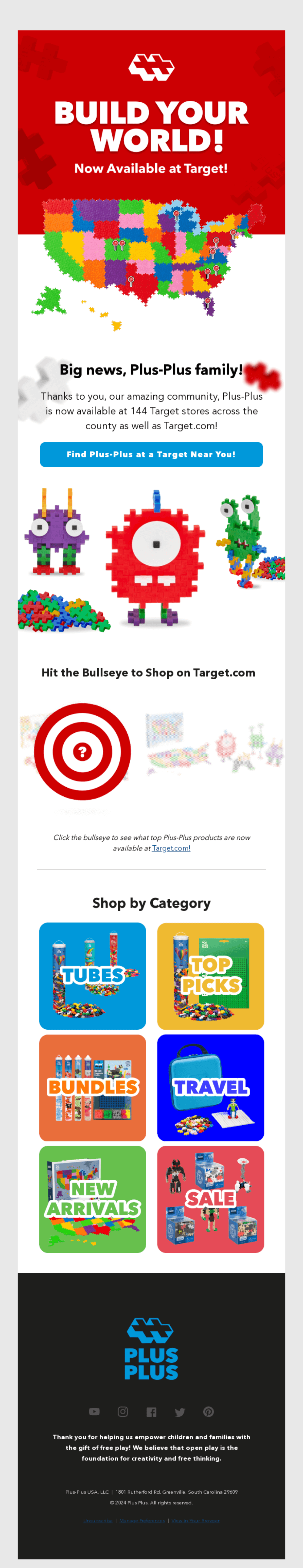 Bright promotional email announcing Plus-Plus building sets now available at Target, featuring colorful graphics, shopping categories, and a 'Shop at Target' call-to-action